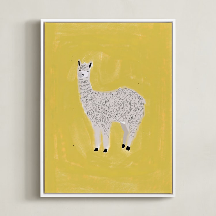"Sunshine Alpaca" - Art Print in Yellow by SALLY MURPHY - Framed Canvas