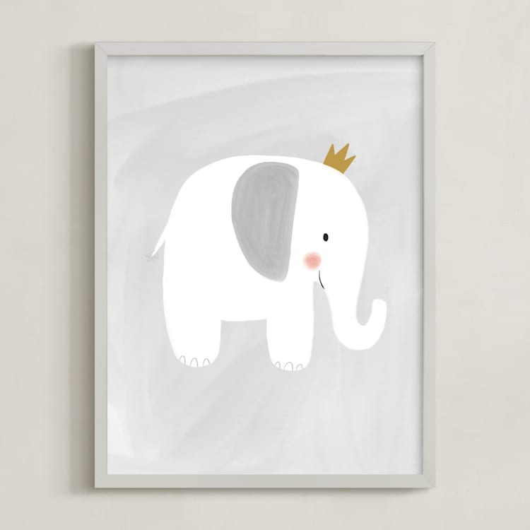"Dream Big Elephant And Giraffe" - Art Print in Soft Grey by Patrice Horvath - Framed