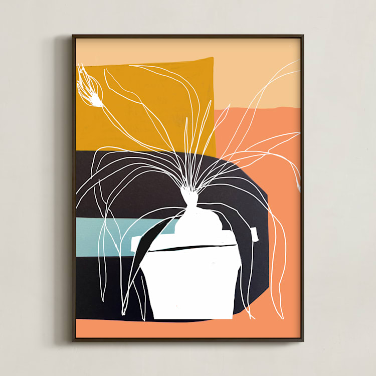 "Plant Life in White Ink" - Art Print in Peach cobbler by Deborah Velasquez - Framed