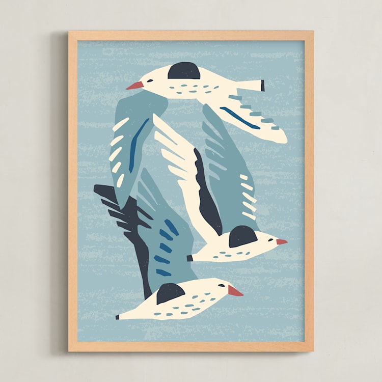 "Seagulls" - Art Print in Neutral Blue Green by Roochita Chachra - Framed