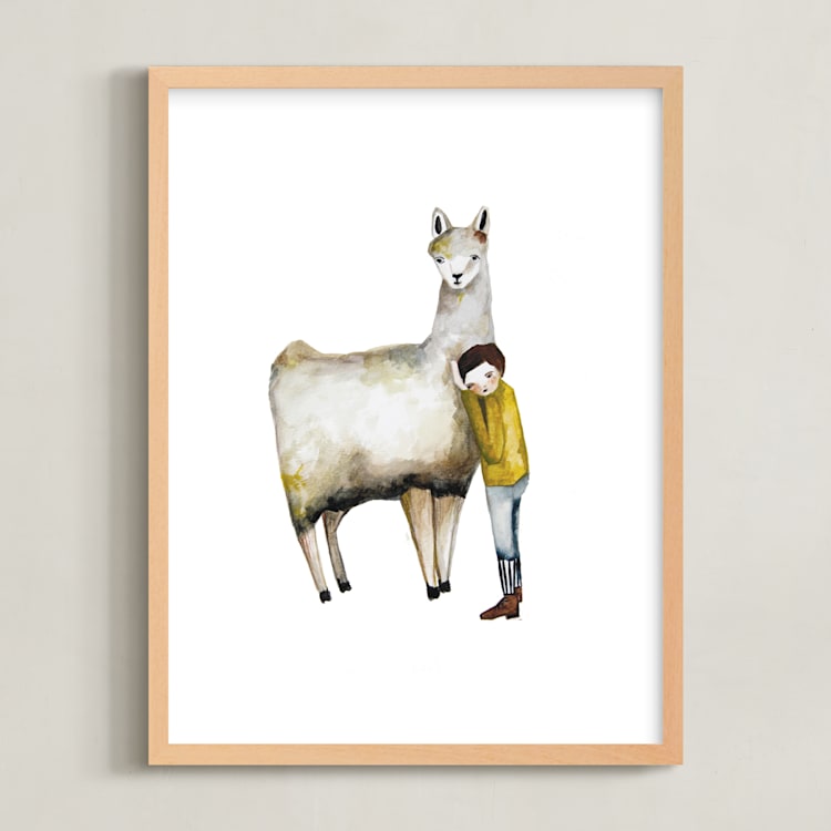 "LLama and Boy" - Art Print in Cozy Yellow by Sarah Fitzgerald - Framed