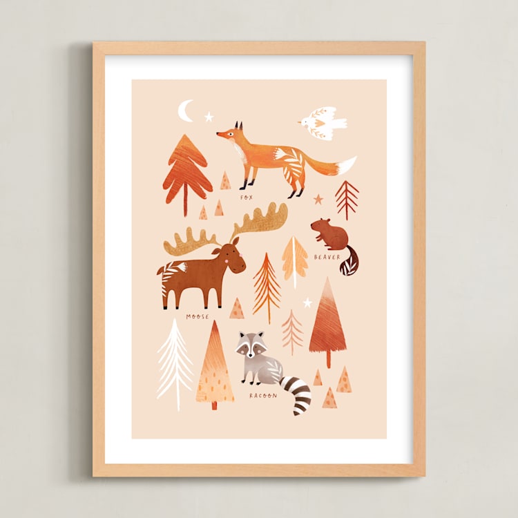 "Woodland Animals" - Art Print in Earthy Beige by Tati Abaurre - Framed