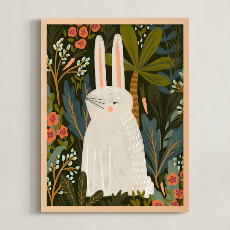 "Bunny Jungle" - Art Print in Forest Green by SALLY MURPHY - Framed
