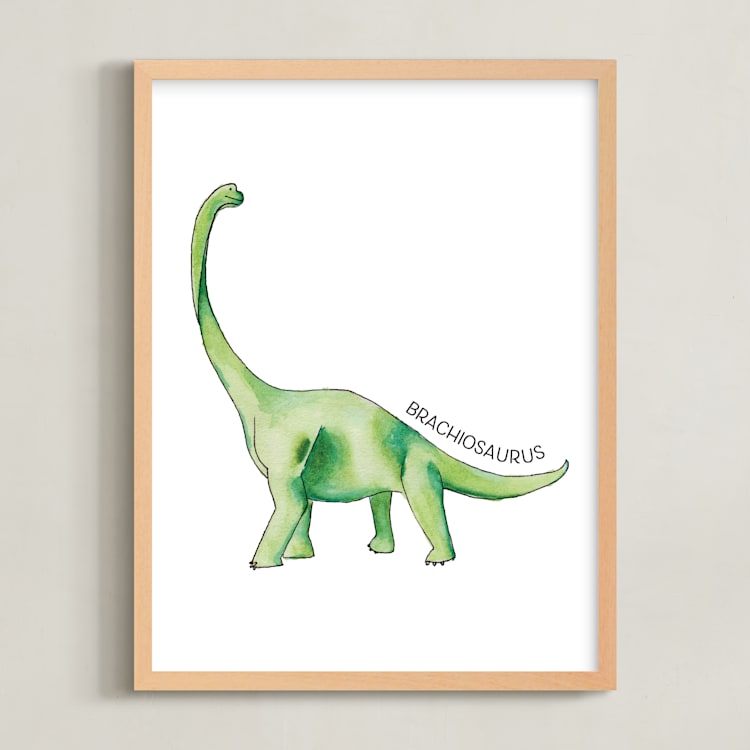 "Watercolor Dino Party Brachiosaurus" - Art Print in Leaf by Rachel Getz - Framed
