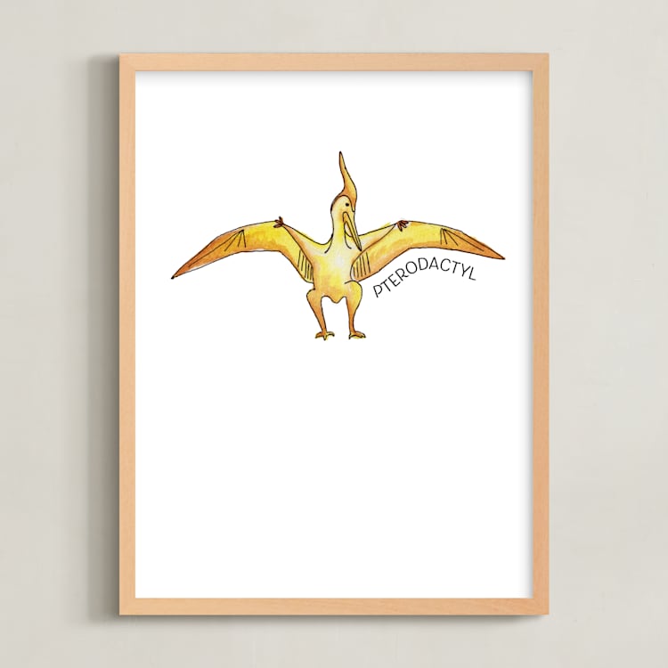 "Watercolor Dino Party Pterodactyl" - Art Print in Canary by Rachel Getz - Framed