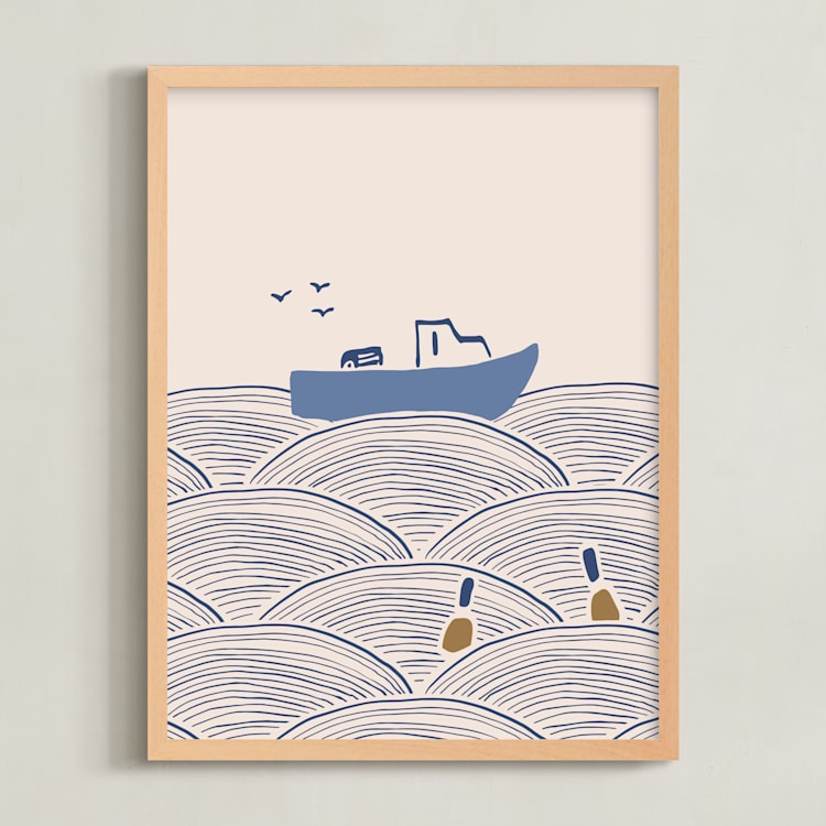 "Lobster Boat & Buoy 2" - Art Print in Blue by Allison Ross - Framed