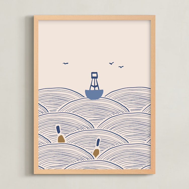 "Lobster Boat & Buoy 1" - Art Print in Blue by Allison Ross - Framed