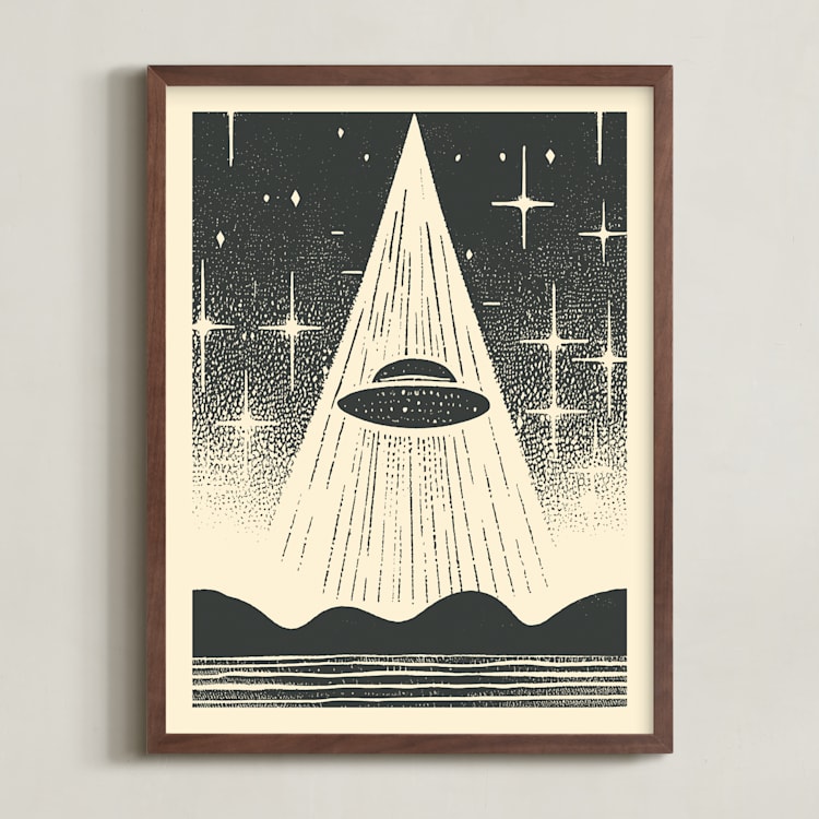 "UFO Encounters: Nostalgic Retro Woodcut" - Art Print in Galactic Gray by Roseanne Kenny - Framed