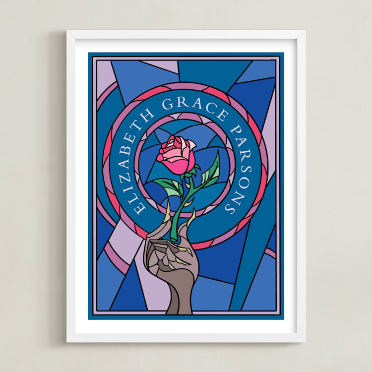 "Disney's Beauty And The Beast Stained Glass" - Personalized Art Print in Blue by Katharine Watson - Framed