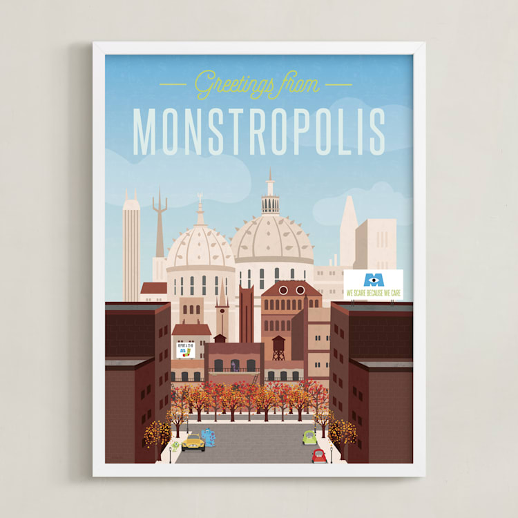 "Greetings from Monstropolis" - Art Print in Sky Blue by Erica Krystek - Framed