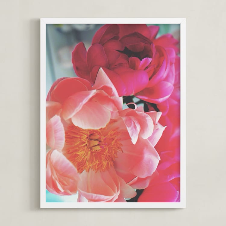 "Vintage Peonies" - Art Print in peachy pinks by HafnHafStudio - Framed