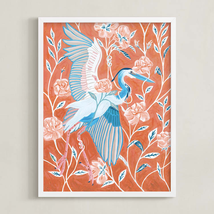 "Blue Heron with Blossoms" - Art Print in Coral by Stefanie Lane - Framed