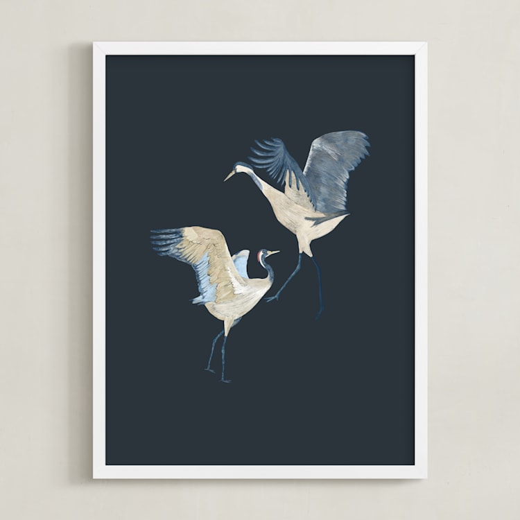 "Crane dance" - Art Print in Moody blue by Nina Leth - Framed