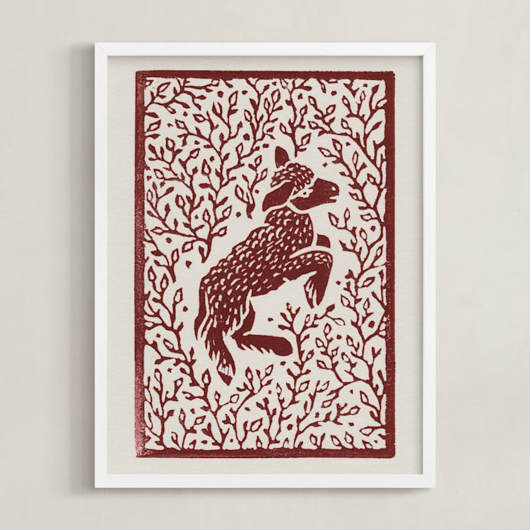 "Lamb Linocut" - Art Print in Rust by Ash Weaver - Framed