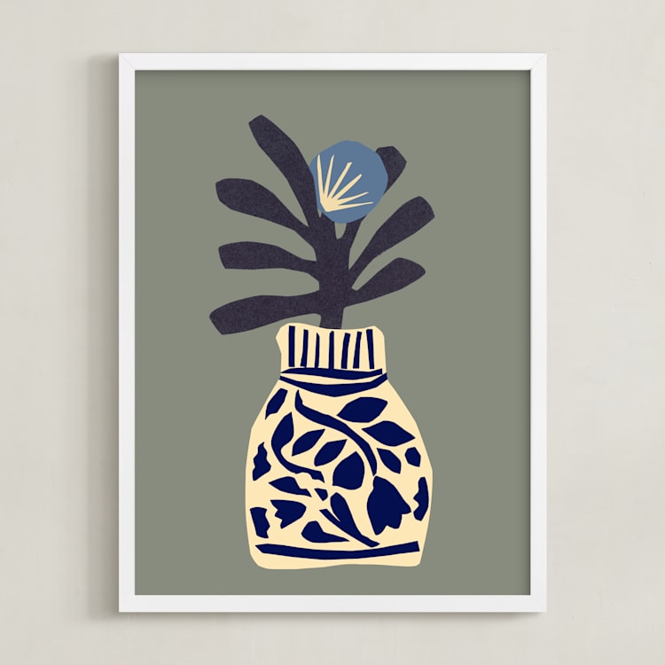 "Single flower in a porcelain vase" - Art Print in Pearl Grey by Sonya Percival - Framed