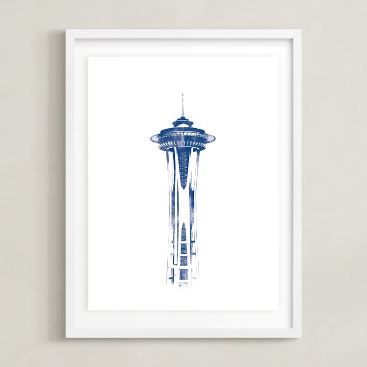 "Space Needle" - Art Print in Navy by Paul Berthelot - Framed