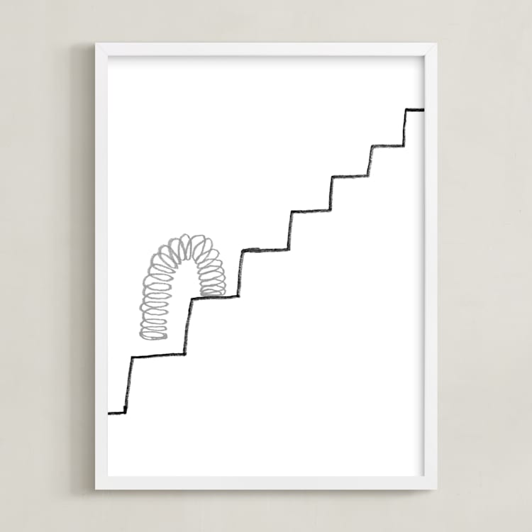 "Slinky on the Stairs" - Art Print in grayscale by Elliot Stokes - Framed