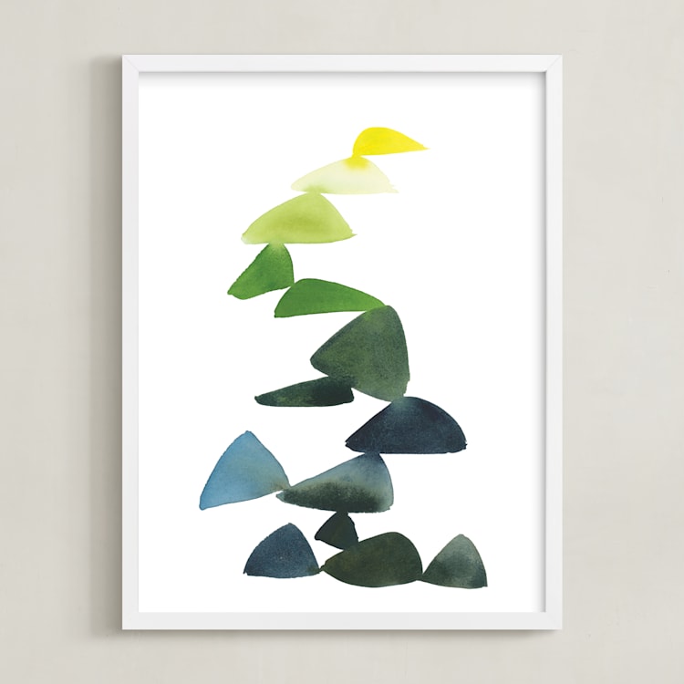 "Triangles in Green and Yellow" - Art Print in Sap Green by Yao Cheng Design - Framed
