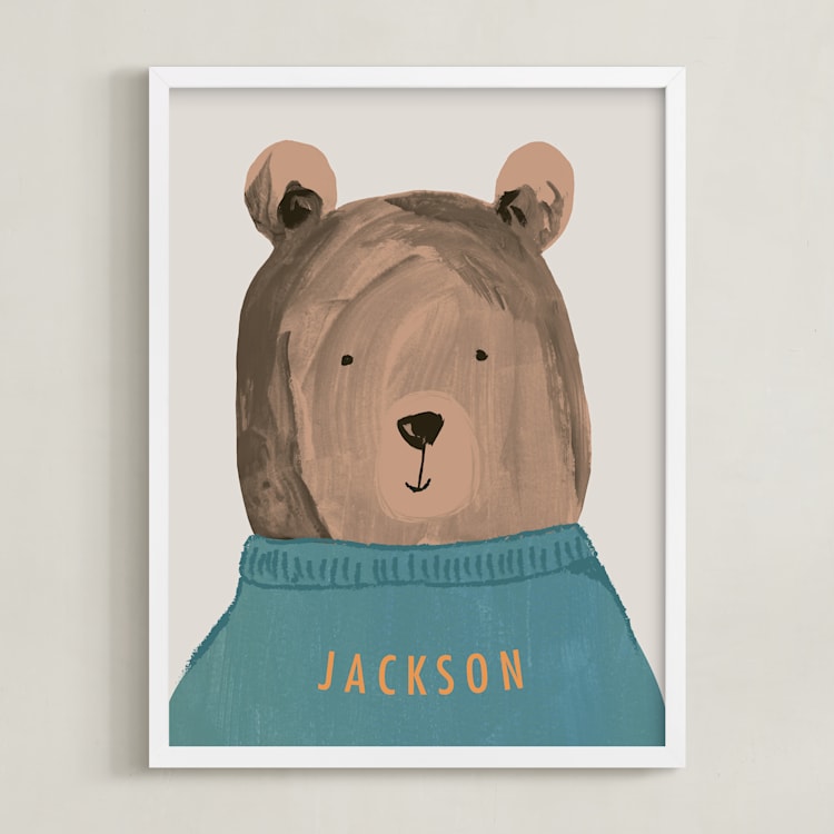 "Little Bear" - Personalized Art Print in Teal by Teju Reval - Framed