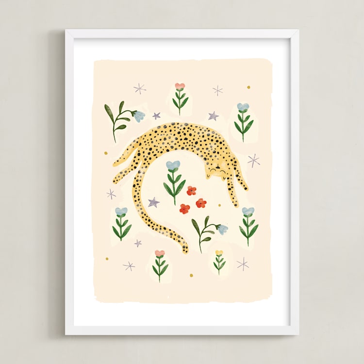 "tumbling cheetah" - Art Print in peach by Hannah Williams - Framed