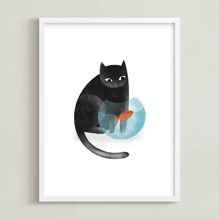 "Black Cat and goldfish" - Art Print in Black by Farinaz Vaseghi - Framed