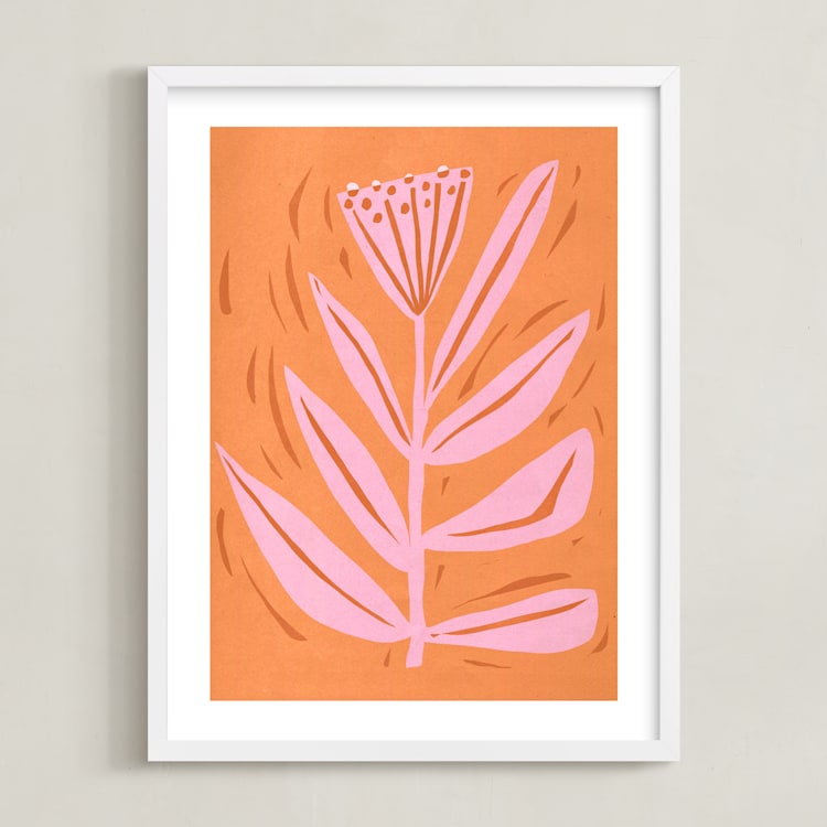 "Tall Flower" - Art Print in peach sorbet by Brandie Stonge - Framed