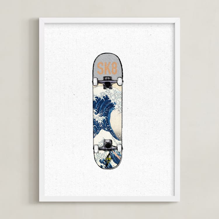 "SK8 Deck - Wave" - Art Print in Blues and Grays by Celeste Duffy - Framed