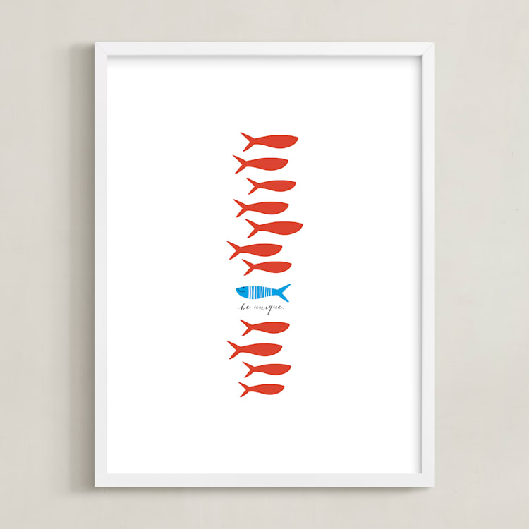 "Unique Fishy" - Art Print in Cherry Red by Oscar and Emma - Karly Depew - Framed