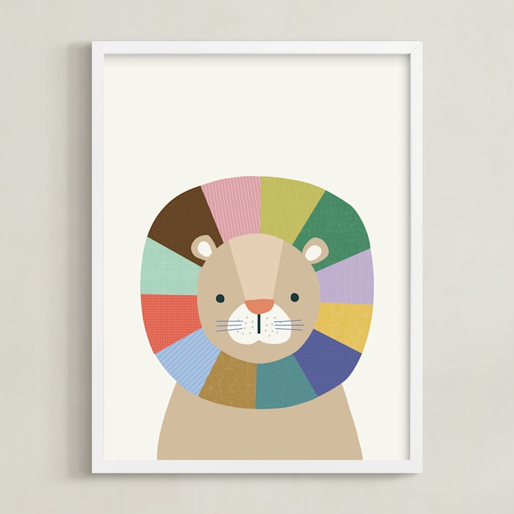 "Quilted Lion" - Art Print in Rainbow by Kelly Watkins - Framed
