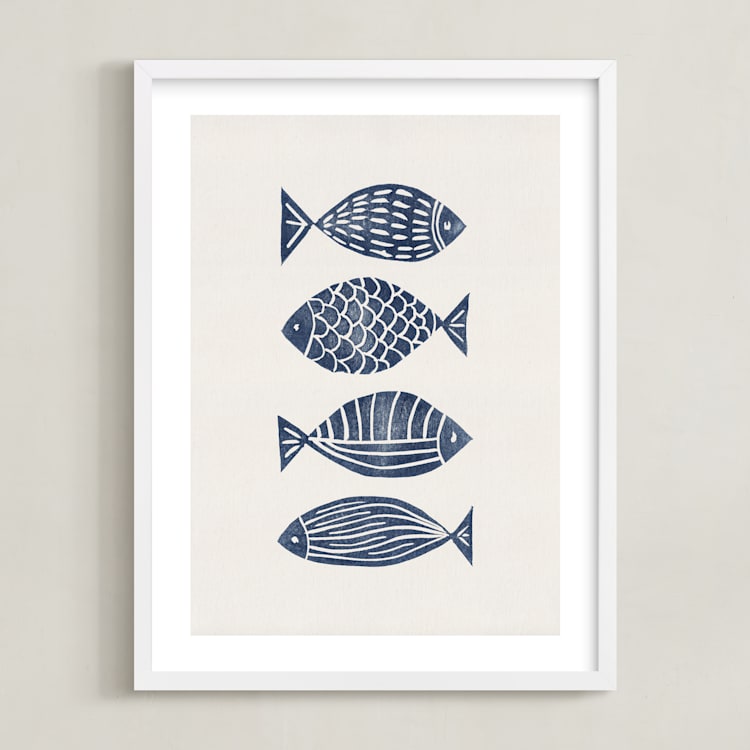 "Linocut Fishes" - Art Print in Navy Blue by Alisa Galitsyna - Framed