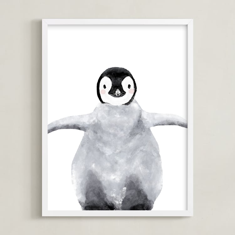 "Baby Animal Penguin" - Art Print in Antarctic Grey by Cass Loh - Framed