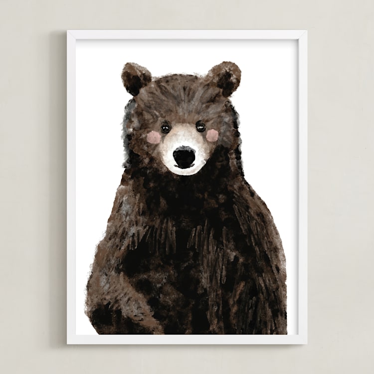 "Baby Animal Bear" - Art Print in Woodland Brown by Cass Loh - Framed