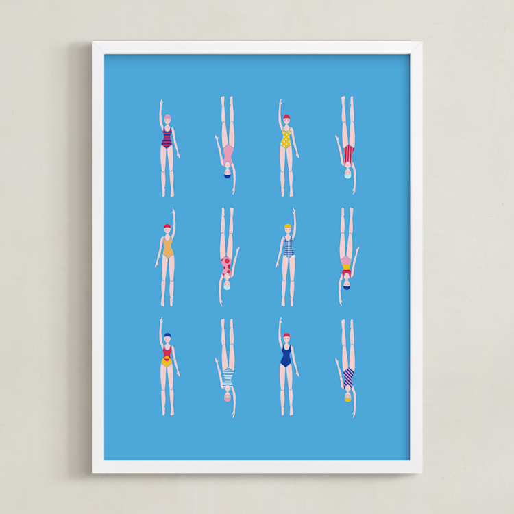 "Nadadoras" - Art Print in Pool Blue by Nieves Herranz - Framed