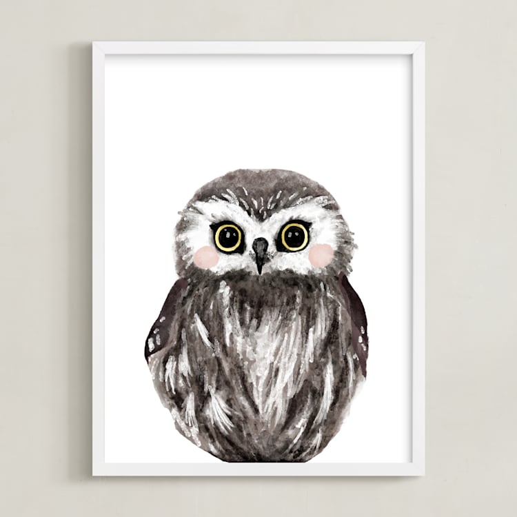 "Baby Animal Owl" - Art Print in Dark Wood by Cass Loh - Framed