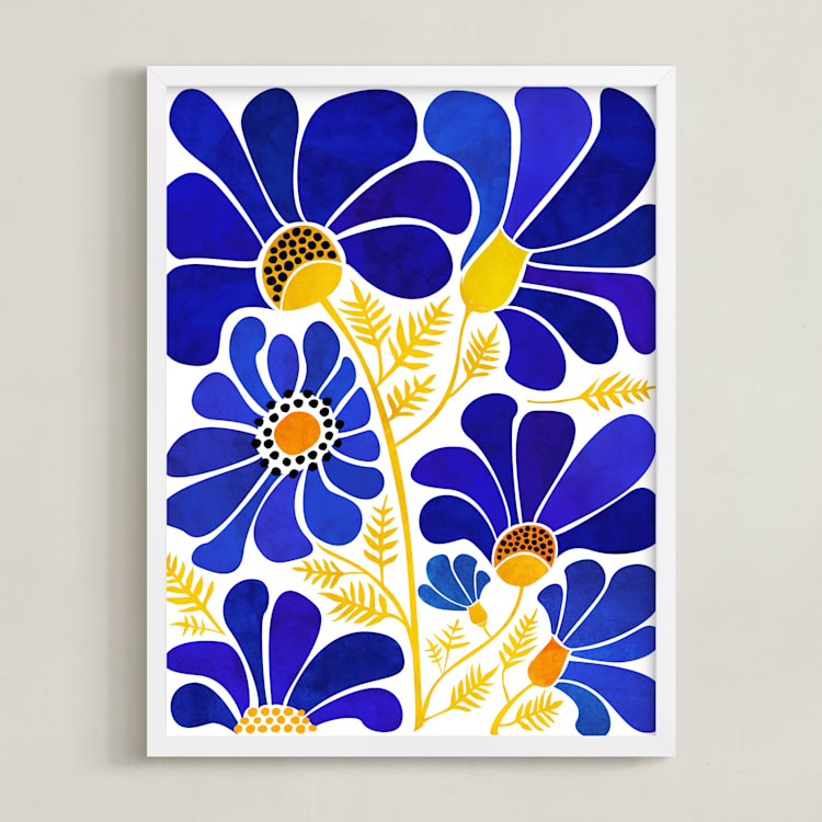 "The Happiest Flowers" - Art Print in Cobalt Blue by Kristian Gallagher - Framed
