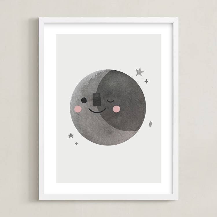 "A Happy Moon" - Art Print in Grey by Mollie Bohannon - Framed