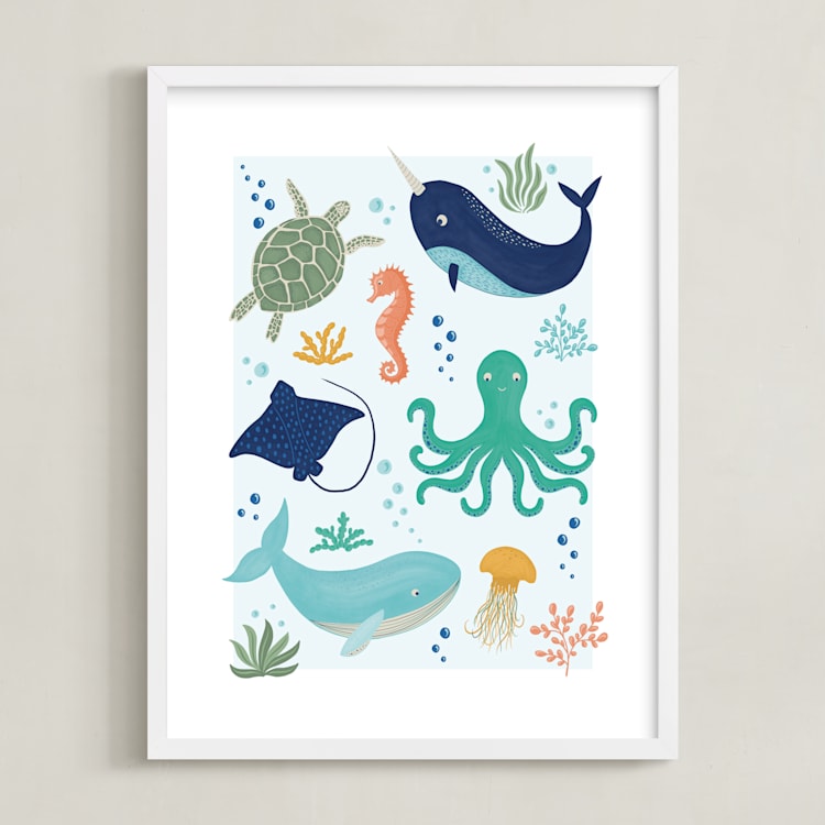 "Sea Friends" - Art Print in Sea Blue by Beth Schneider - Framed