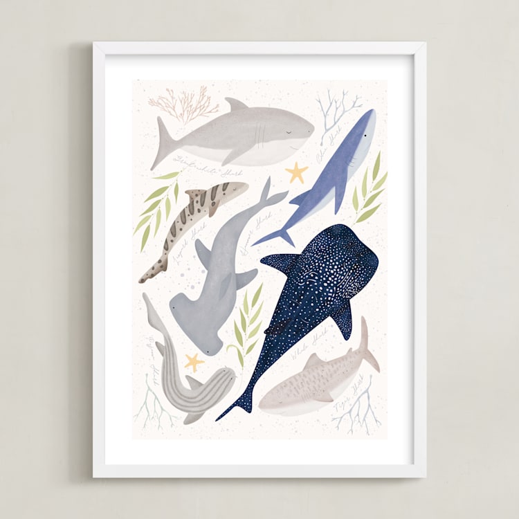 "Marvelous Sharks" - Art Print in Sand by Sabrin Deirani - Framed