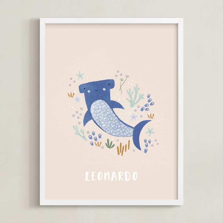 "Sharky cute" - Personalized Art Print in Blush by Tati Abaurre - Framed