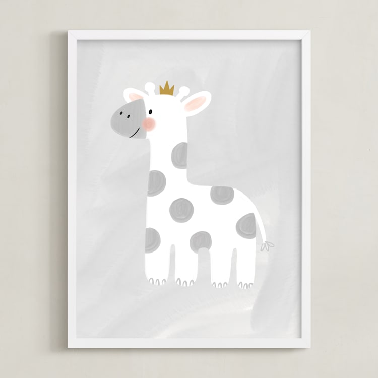 "Dream Big Elephant And Giraffe" - Art Print in Soft Grey by Patrice Horvath - Framed