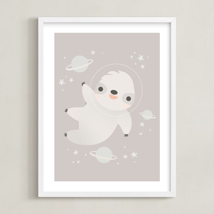"Sloth in Space" - Art Print in gray by Lori Wemple - Framed