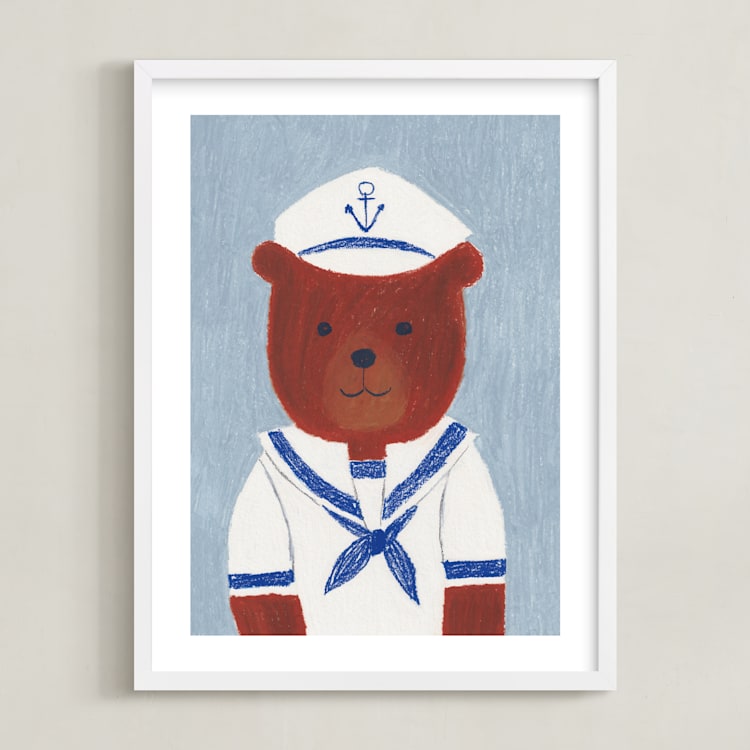 "Sailor Bear" - Art Print in Dusty Blue by Madhvi Samimi - Framed