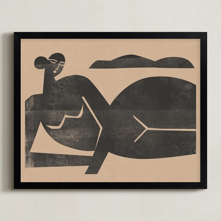 "Woodblock Nude" - Art Print in Warm light brown by Roseanne Kenny - Framed