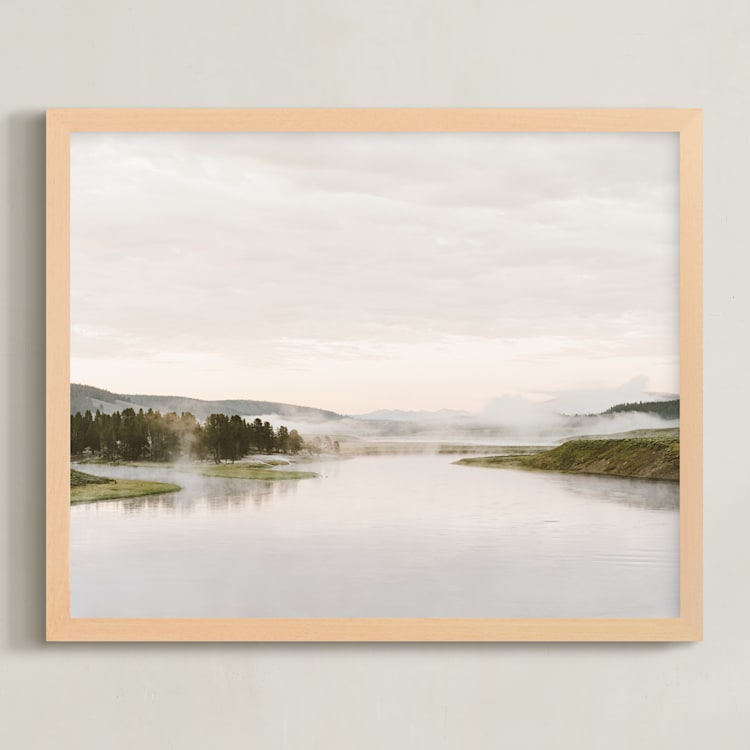 "Misty lake" - Art Print in autumn green by Kamala Nahas - Framed