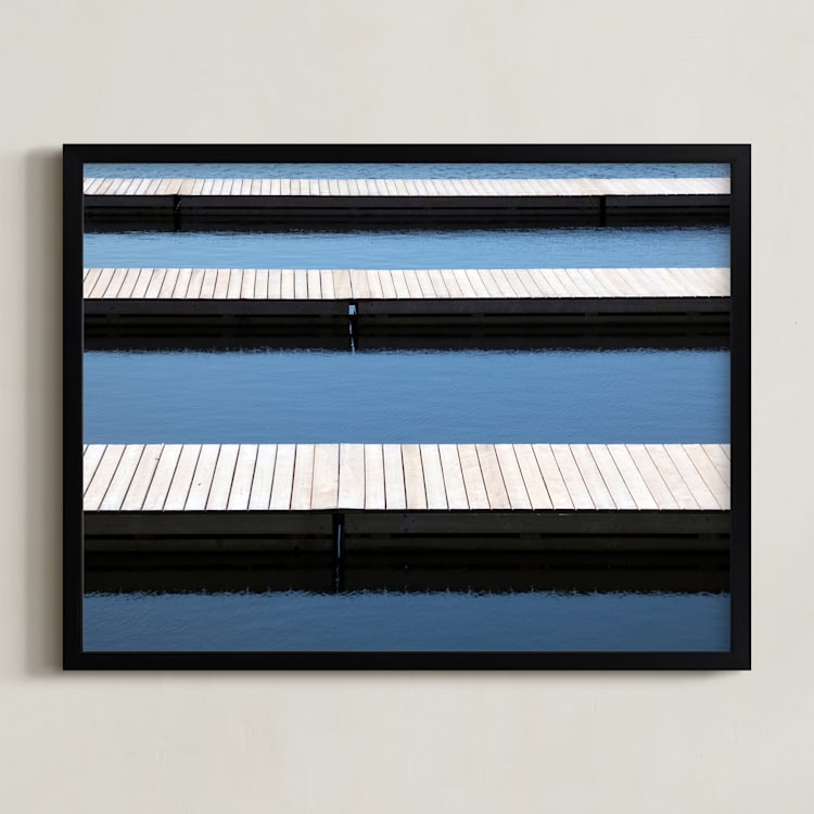 "Dockside Tranquility" - Art Print in Ocean Blue by Annie Seaton - Framed