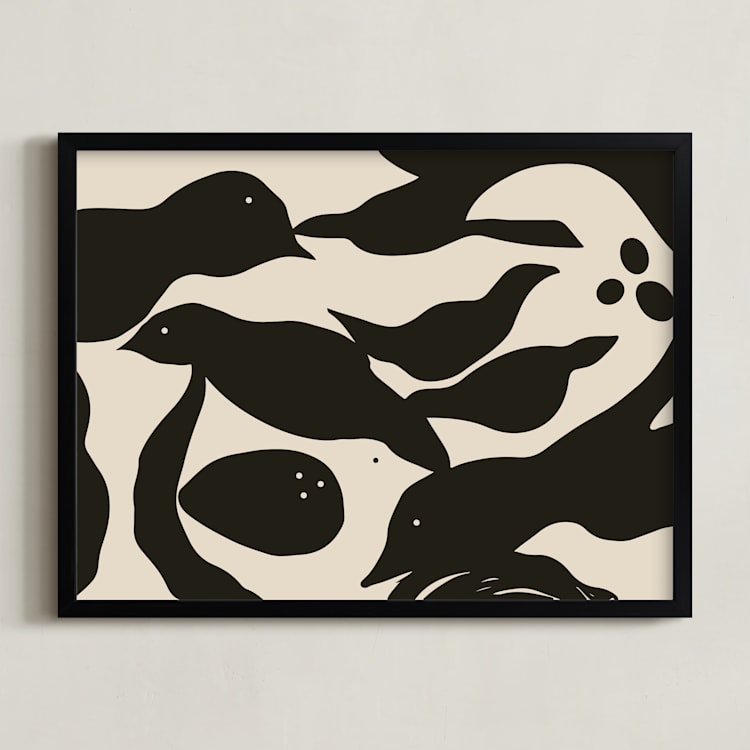 "Swimming Birds" - Art Print in Black by Mary Ketch - Framed
