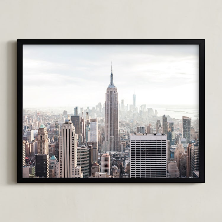 "But First, NYC" - Art Print in pastel blue and brown by Natalie Uprichard - Framed