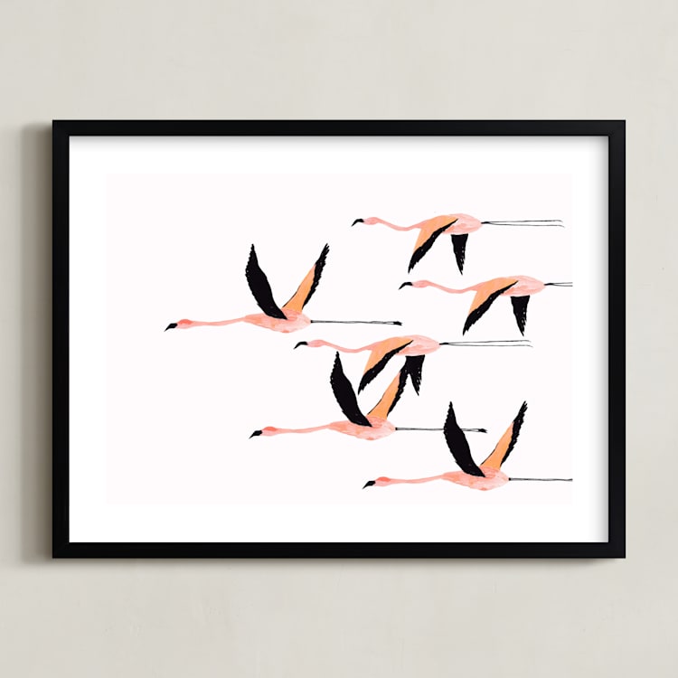 "Flyymingos" - Art Print in Blush by Anee Shah - Framed