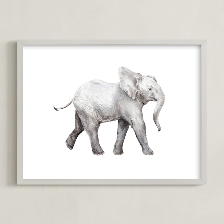 "Baby Watercolor Elephant" - Art Print in Elephant gray by Lauren Rogoff - Framed