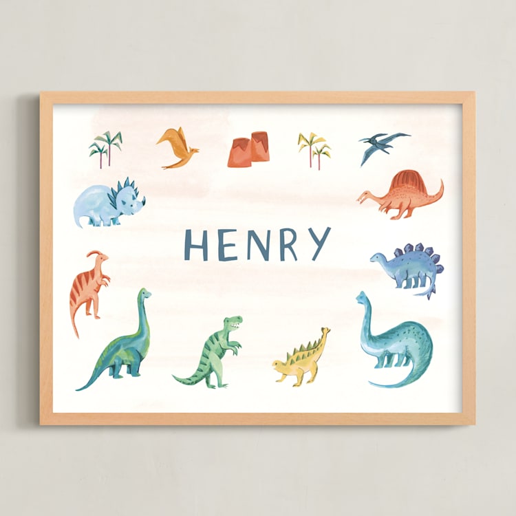 "Dino Friends" - Personalized Art Print in Amber by Teju Reval - Framed